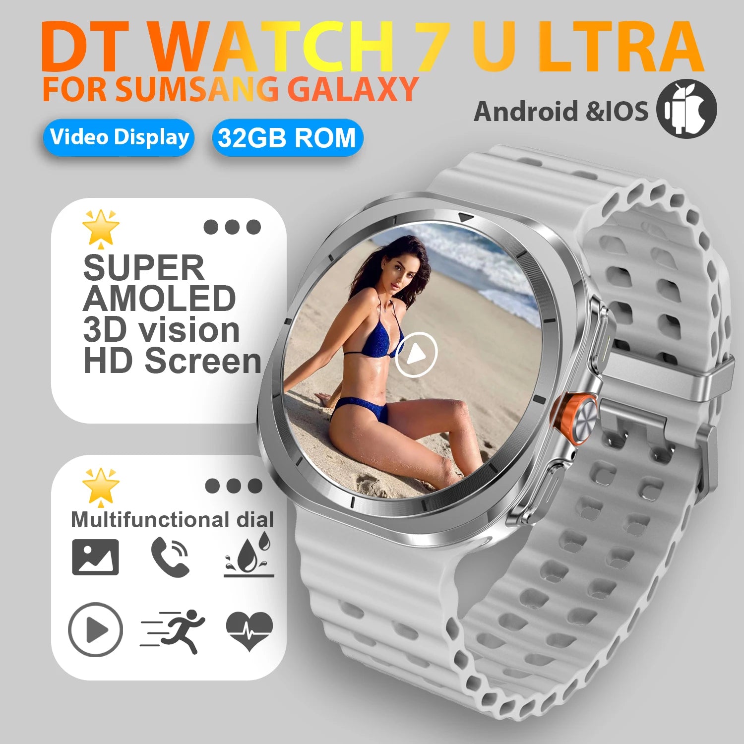2025 nuevo reloj 7 Ultra reloj inteligente para hombres 32GB de memoria pantalla de vídeo 3D reloj inteligente deportivo GPS NFC brújula oxígeno en sangre Smartwatch