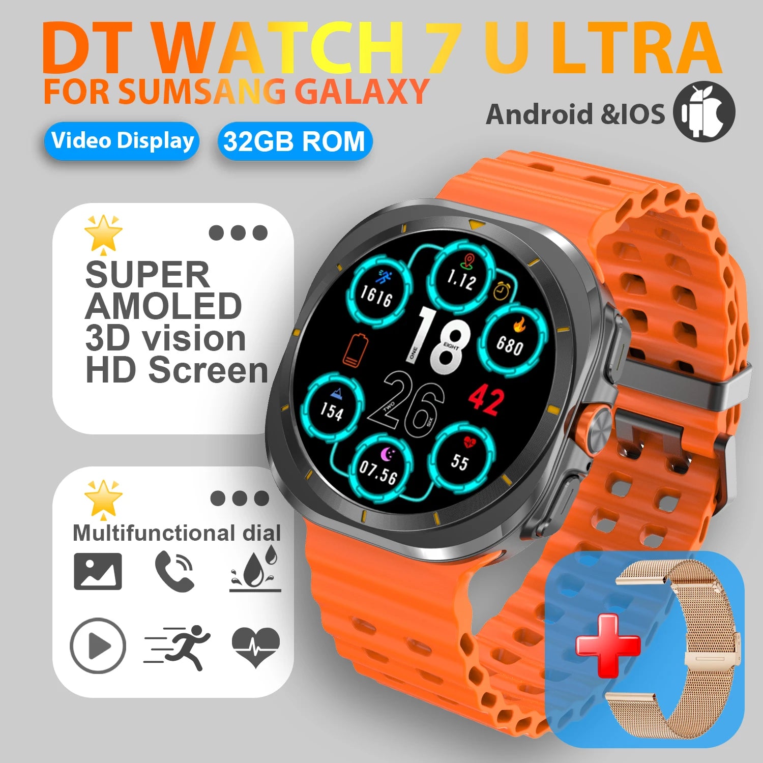 2025 nuevo reloj 7 Ultra reloj inteligente para hombres 32GB de memoria pantalla de vídeo 3D reloj inteligente deportivo GPS NFC brújula oxígeno en sangre Smartwatch