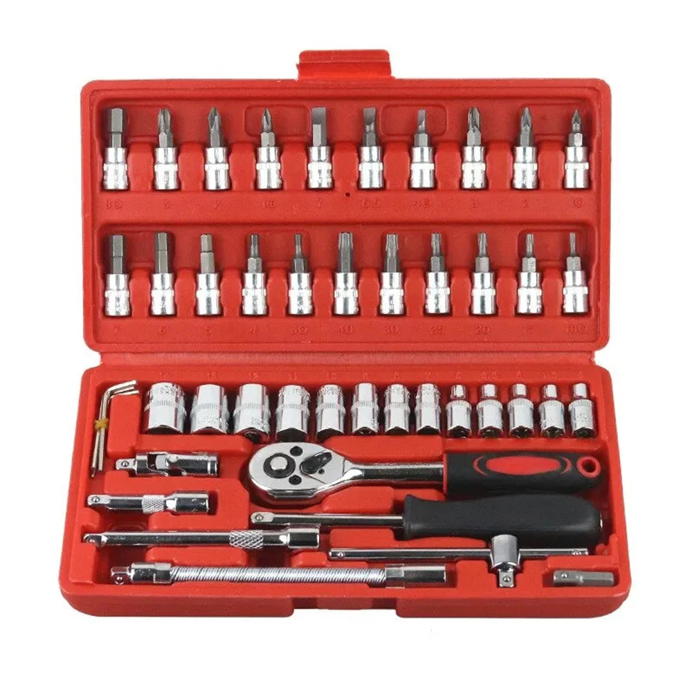 Kit de herramientas de reparación de automóviles, juego de enchufes de 1/4 pulgadas, herramienta de reparación de automóviles, llave dinamométrica de trinquete, Combo, juego de reparación automática, herramienta mecánica, 46 Uds.