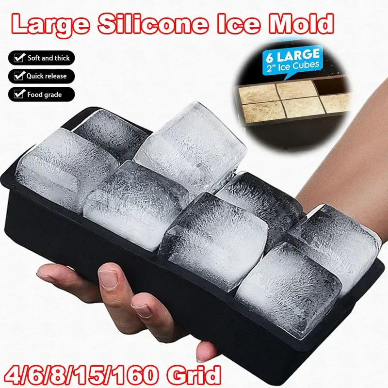 Bandeja de hielo grande con rejilla de 4/6/8/15/160, molde gigante Jumbo grande de silicona de calidad alimentaria, bandeja cuadrada para cubitos de hielo, molde DIY, bandeja para cubitos de hielo