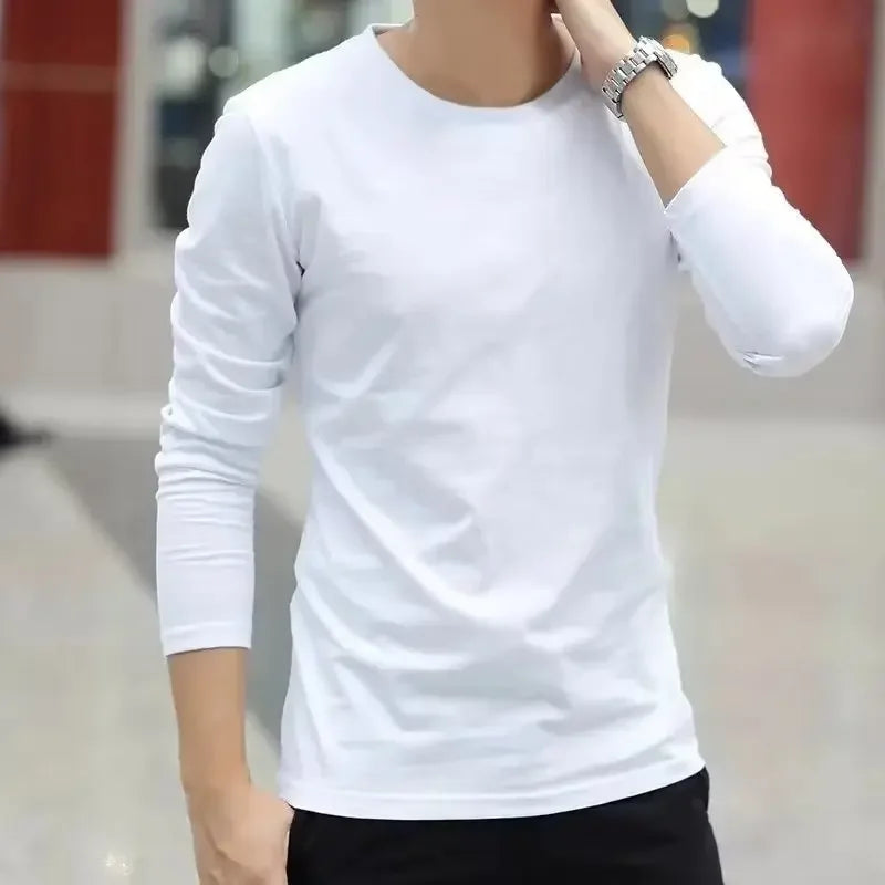 Camiseta de manga larga para hombre, corte holgado, Color sólido, blanco, primavera Otoño, estilo japonés, cuello redondo, capa Base