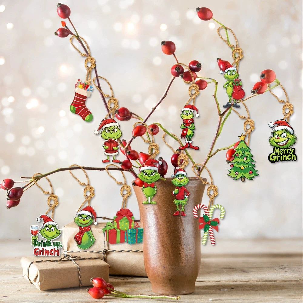 18 Uds. De adornos acrílicos 2D para árbol de Navidad, monstruos verdes, lindos colgantes para árbol de Navidad, adornos navideños de dibujos animados