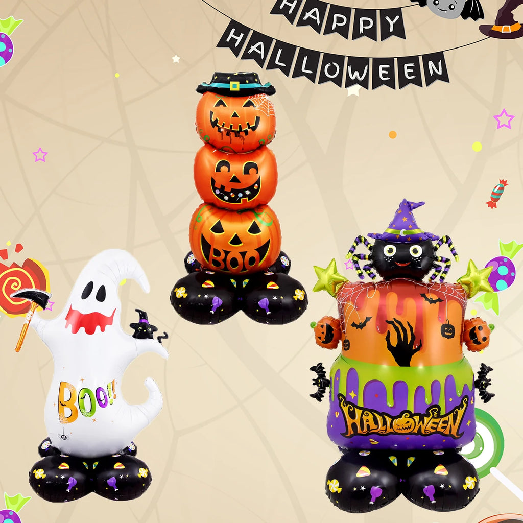 Juego de globos de papel de aluminio con soporte gigante, globo de calabaza, fantasma, bruja, árbol fantasma, decoraciones para fiesta de Halloween, 1 Juego