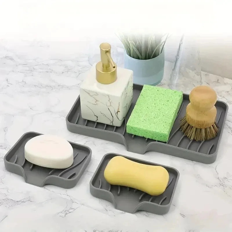 Bandeja de silicona para fregadero con drenaje, soporte de almacenamiento de esponja y jabón, fregadero de encimera, estante de almacenamiento de cepillos, organizador de cocina
