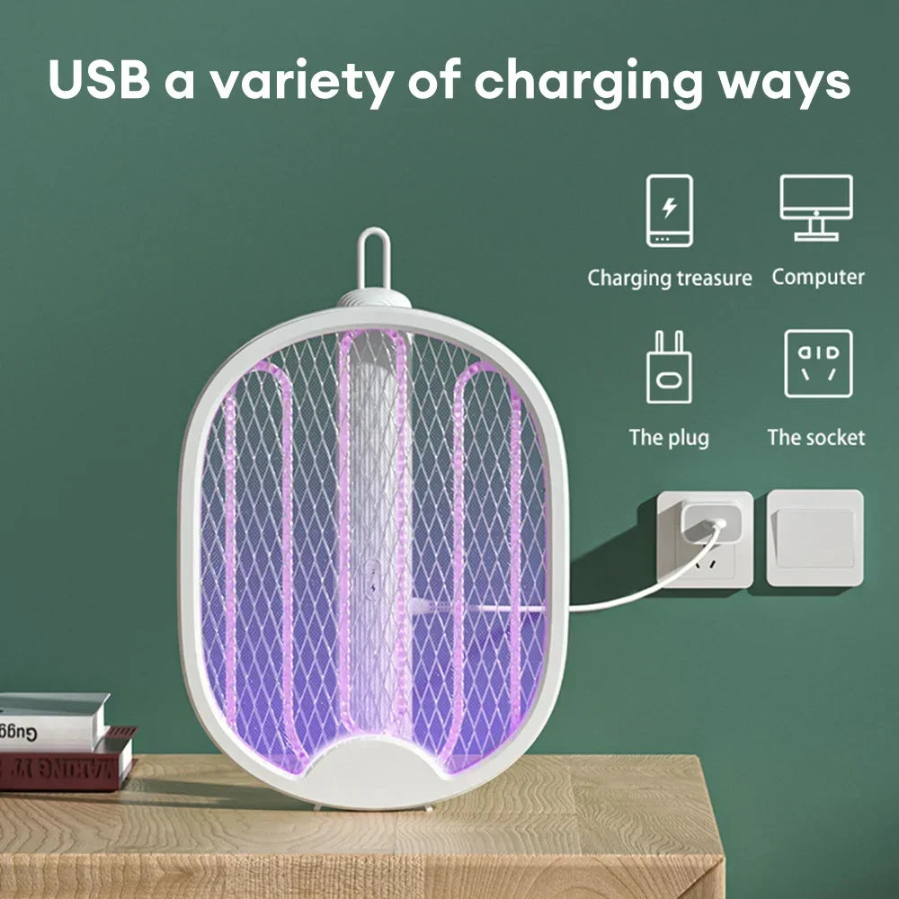 Matamoscas eléctrico USB, raqueta antimosquitos de 3000V, luz UV plegable, trampa para insectos para acampar, hogar y jardín