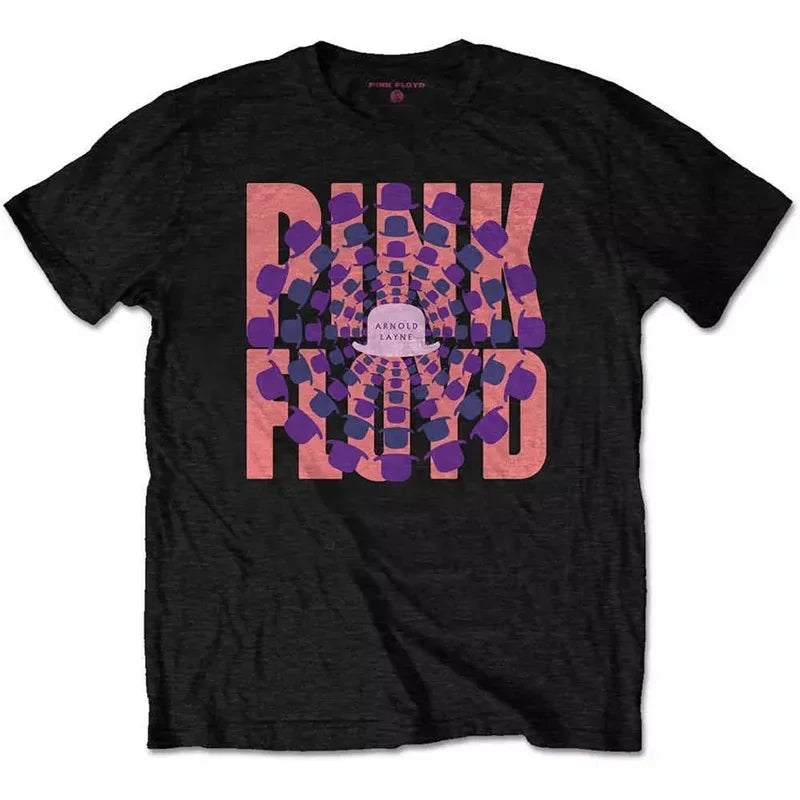 Camiseta holgada de Floyd Rock rosa para hombre, estilo americano Vintage, cuello redondo, manga corta, manga de pétalo de algodón, camiseta de banda decorada
