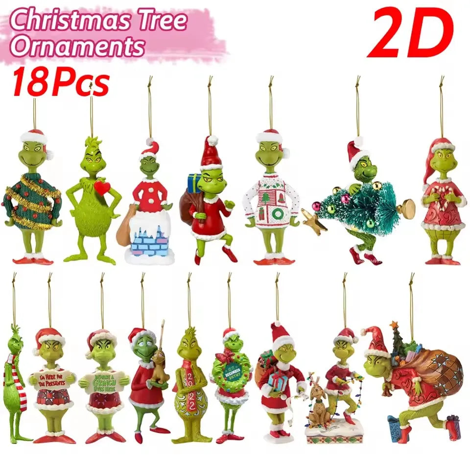 18 Uds. De adornos acrílicos 2D para árbol de Navidad, monstruos verdes, lindos colgantes para árbol de Navidad, adornos navideños de dibujos animados