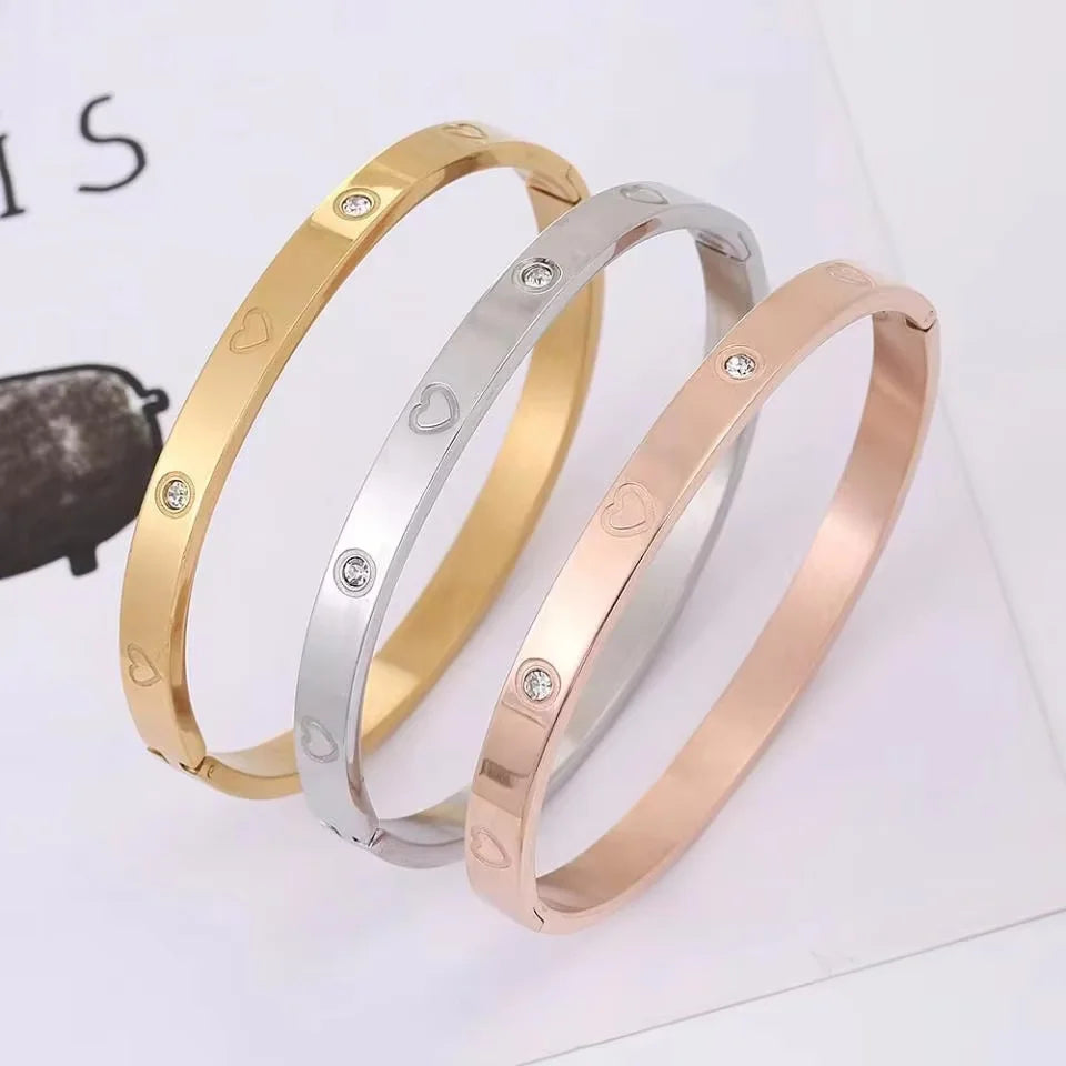 Pulseras de circón brillantes a la moda para mujer, pulseras de amor con estampado de trébol, brazaletes de acero inoxidable, regalo de joyería femenina