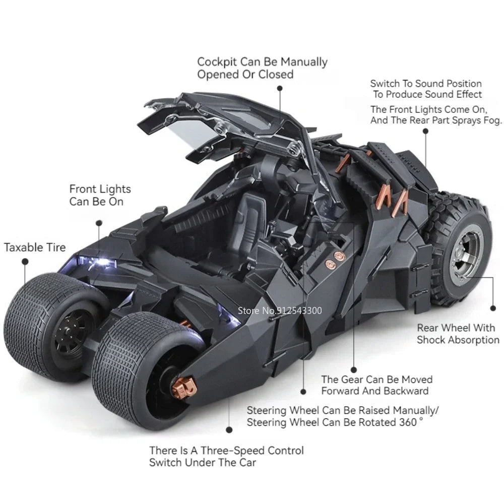 Modelo de coche de batmóvel a gran escala 1:18, juguete del Caballero Oscuro, trilogía, sonido, luz, aerosol deslizante, modelos de vehículos de aleación, adornos, regalos
