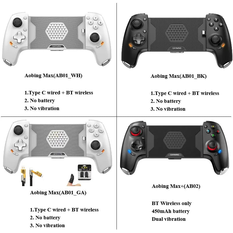 Gamwing AB01 AB02 AoBing Max Max+ Controlador de juego para teléfono móvil Pad de juego Joystick tipo C con cable y BT Compatible con Android, iOS
