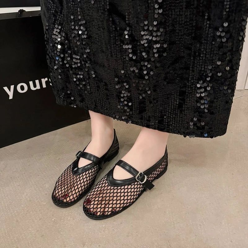 Zapatos planos de Ballet de rejilla para mujer, diseño elegante de marca, Zapatos Mary Jane de encaje calados, sandalias de verano para mujer, Zapatos de malla transpirable