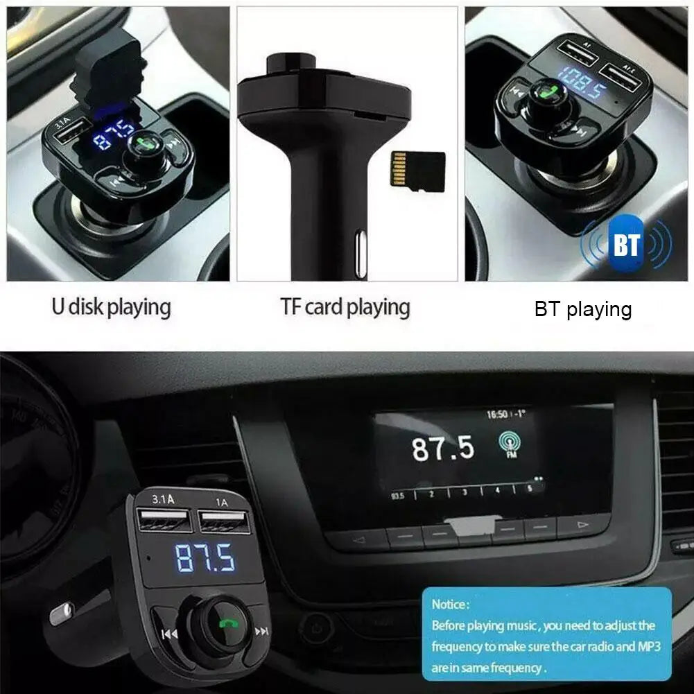 Transmisor FM inalámbrico con Bluetooth y reproductor de MP3, receptor de Radio con llamadas manos libres, Cargador USB Dual y adaptador estéreo de música