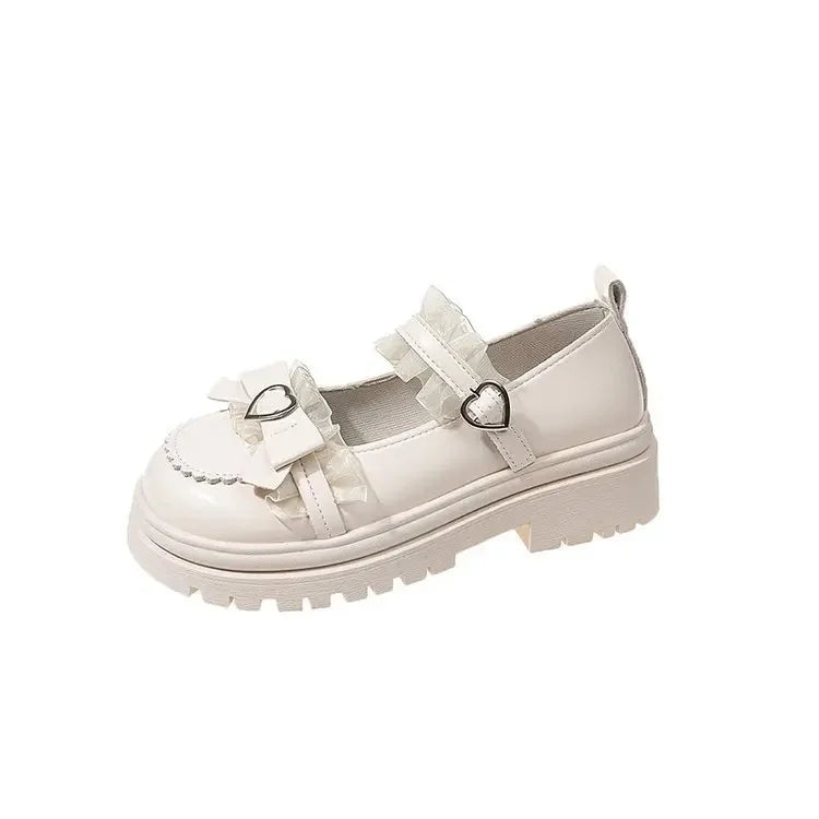 Primavera 2025 Nudo de mariposa encaje dulce lindo Lolita tacón grueso Mary Jane zapatos individuales mujeres PU cuero punta redonda tacón medio