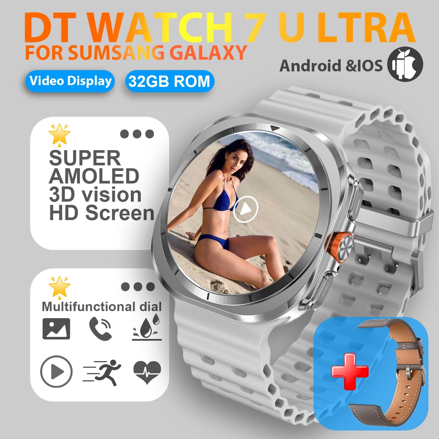 2025 nuevo reloj 7 Ultra reloj inteligente para hombres 32GB de memoria pantalla de vídeo 3D reloj inteligente deportivo GPS NFC brújula oxígeno en sangre Smartwatch