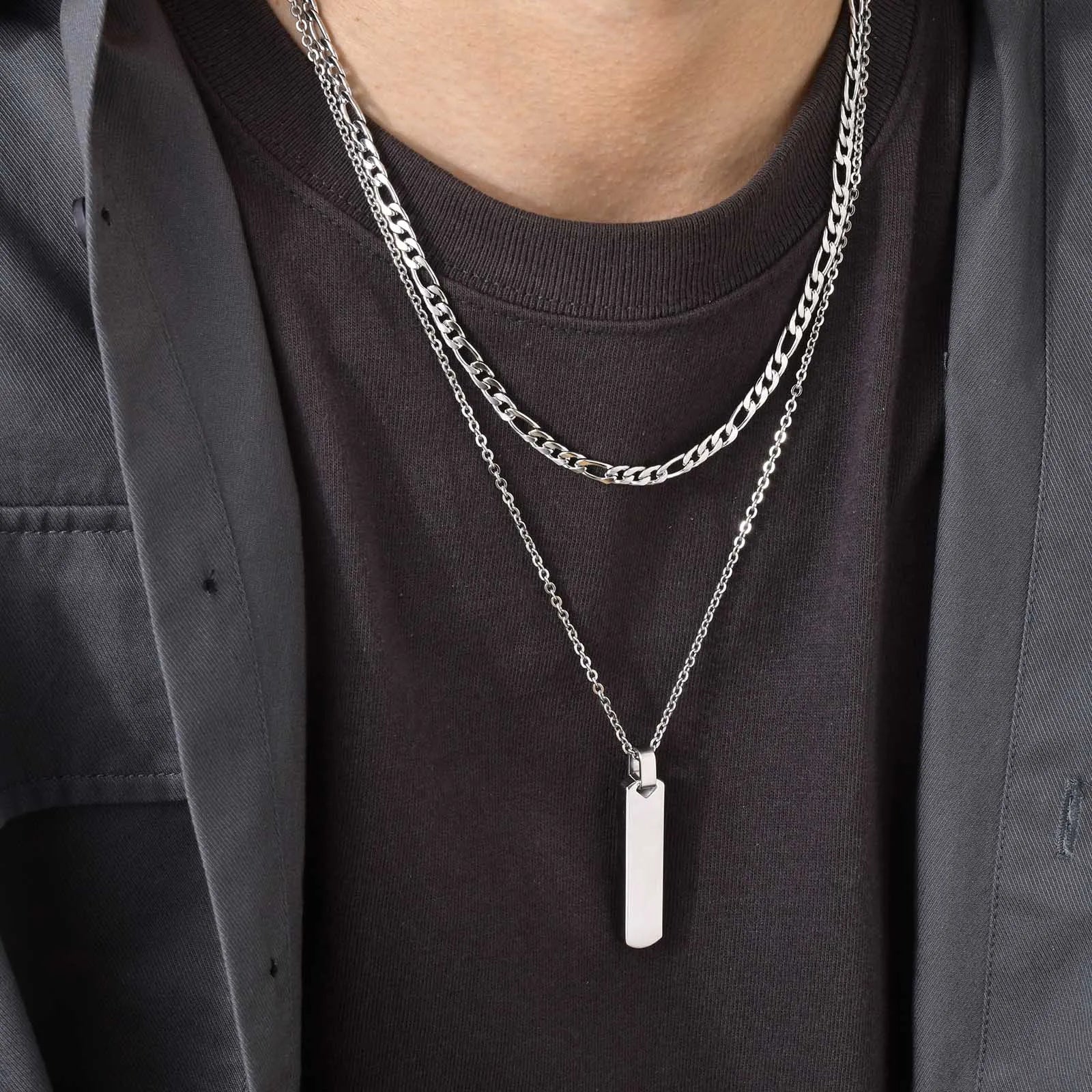 Collares apilados de barra Vertical para hombres y niños, Collar de cadena de cuerda trenzada de cadena cubana de acero inoxidable, regalos de conjuntos de joyería elegantes