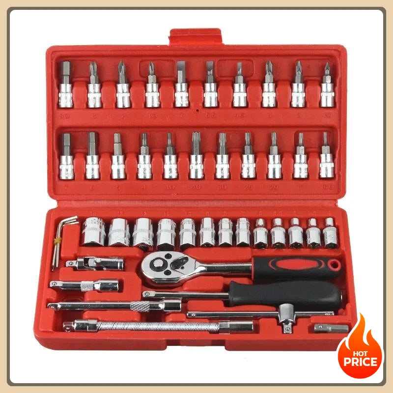 Kit de herramientas de reparación de automóviles, juego de enchufes de 1/4 pulgadas, herramienta de reparación de automóviles, llave dinamométrica de trinquete, Combo, juego de reparación automática, herramienta mecánica, 46 Uds.