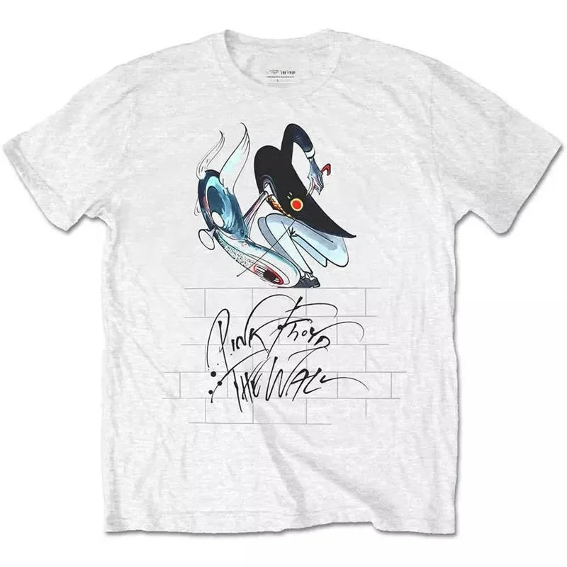 Camiseta holgada de Floyd Rock rosa para hombre, estilo americano Vintage, cuello redondo, manga corta, manga de pétalo de algodón, camiseta de banda decorada