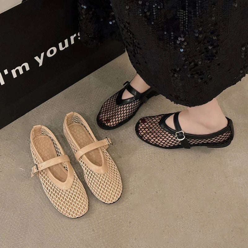Zapatos planos de Ballet de rejilla para mujer, diseño elegante de marca, Zapatos Mary Jane de encaje calados, sandalias de verano para mujer, Zapatos de malla transpirable