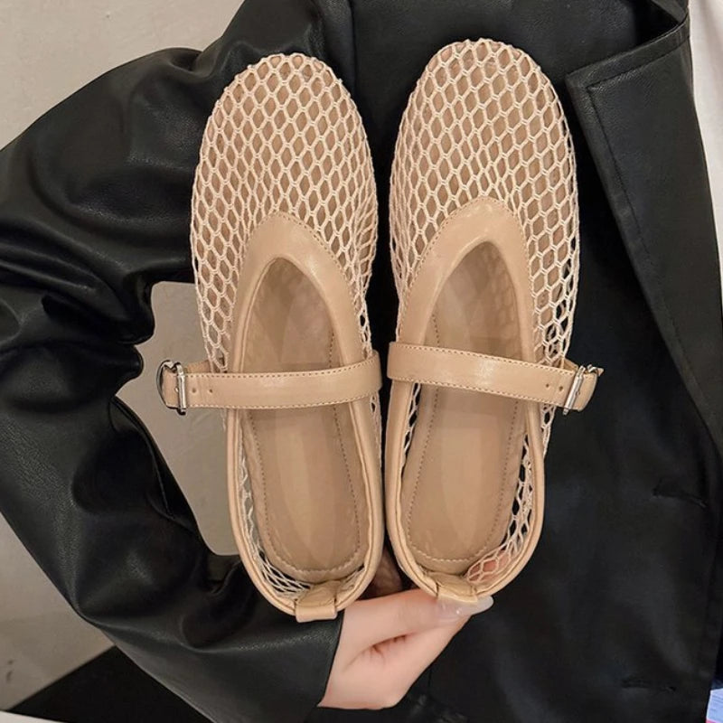 Zapatos planos de Ballet de rejilla para mujer, diseño elegante de marca, Zapatos Mary Jane de encaje calados, sandalias de verano para mujer, Zapatos de malla transpirable