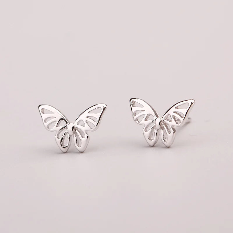 Pendientes de tuerca con forma de mariposa y corazón para mujer, Mini estrella, Color plateado, con agujas de plata 925, hipoalergénico, uso diario, regalo Pierc para niñas