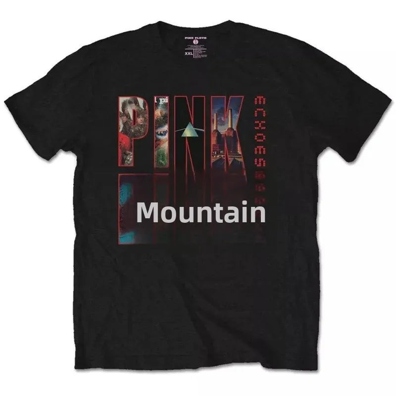 Camiseta holgada de Floyd Rock rosa para hombre, estilo americano Vintage, cuello redondo, manga corta, manga de pétalo de algodón, camiseta de banda decorada