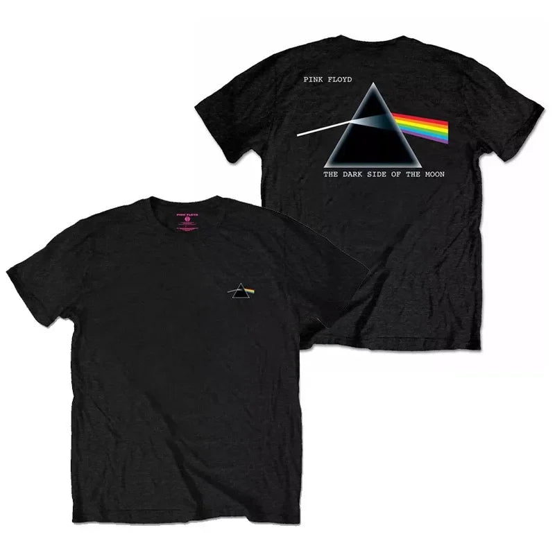 Camiseta holgada de Floyd Rock rosa para hombre, estilo americano Vintage, cuello redondo, manga corta, manga de pétalo de algodón, camiseta de banda decorada
