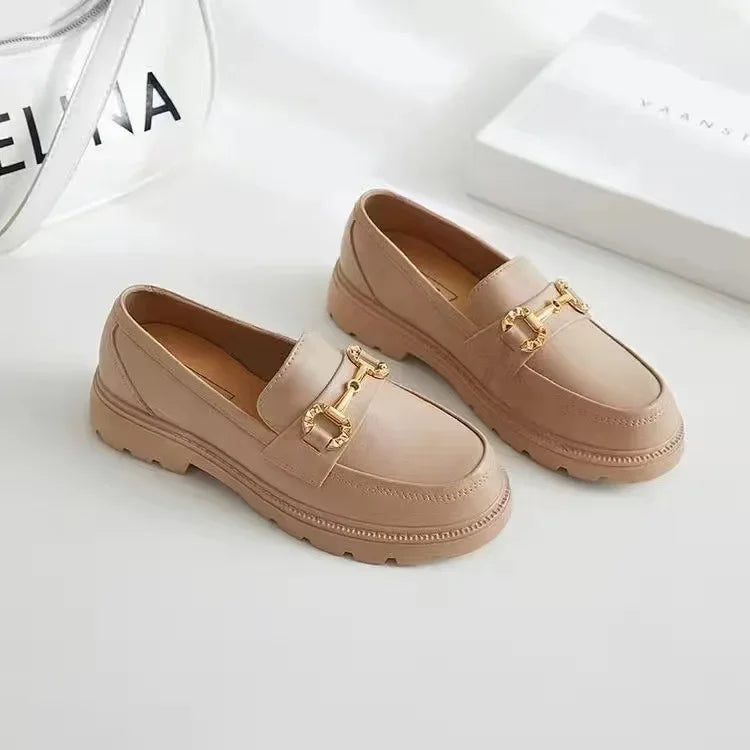 2022 nuevos zapatos Lefort primavera otoño estilo británico Vintage pequeña hebilla dorada punta redonda PVC zapatos Lefort de fondo grueso
