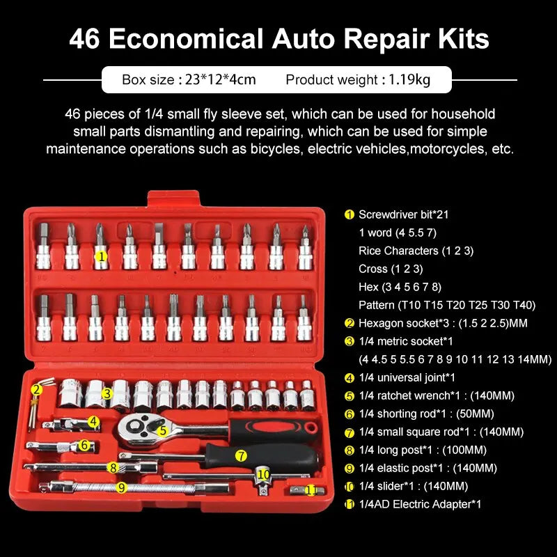 Kit de herramientas de reparación de automóviles, juego de enchufes de 1/4 pulgadas, herramienta de reparación de automóviles, llave dinamométrica de trinquete, Combo, juego de reparación automática, herramienta mecánica, 46 Uds.