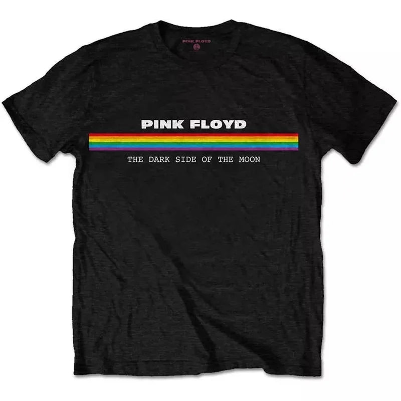 Camiseta holgada de Floyd Rock rosa para hombre, estilo americano Vintage, cuello redondo, manga corta, manga de pétalo de algodón, camiseta de banda decorada