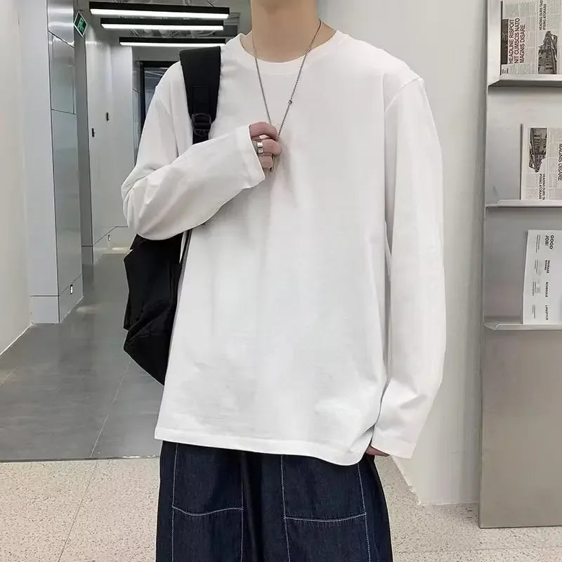 Camiseta de manga larga para hombre, corte holgado, Color sólido, blanco, primavera Otoño, estilo japonés, cuello redondo, capa Base
