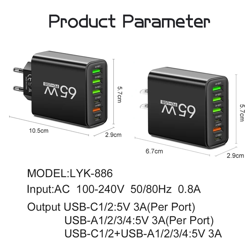 Cargador USB multipuerto de 65W, adaptador de cargador de teléfono tipo C de carga rápida para iPhone, Samsung, Xiaomi, Huawei, cargador de pared con enchufe UE/EE. UU.