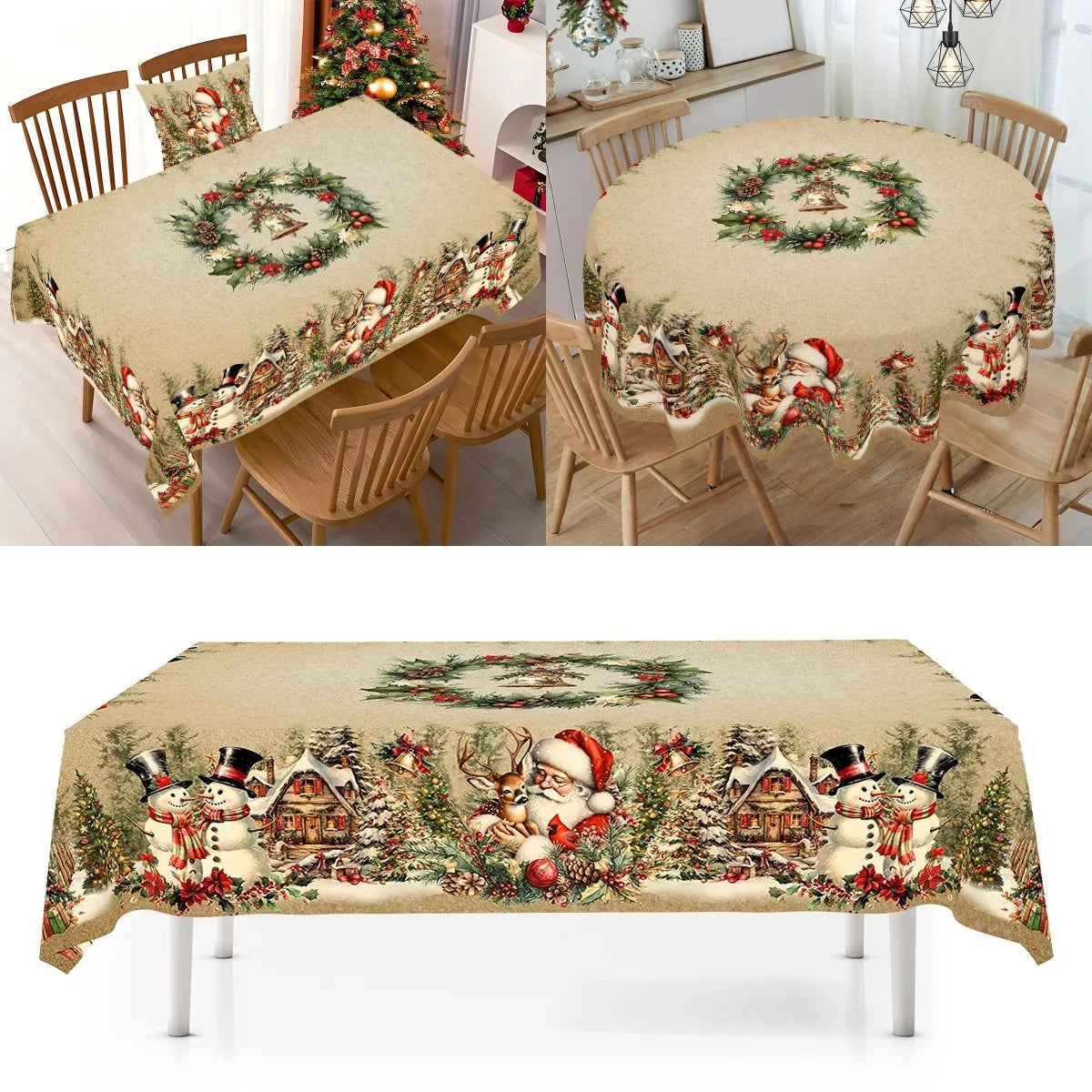 Mantel navideño vintage, cubierta de mesa de muñeco de nieve de Papá Noel, adornos navideños para el hogar, regalos de Navidad 2025, Navidad Noel, Año Nuevo 2026