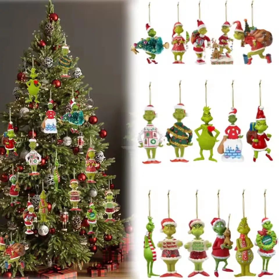 18 Uds. De adornos acrílicos 2D para árbol de Navidad, monstruos verdes, lindos colgantes para árbol de Navidad, adornos navideños de dibujos animados