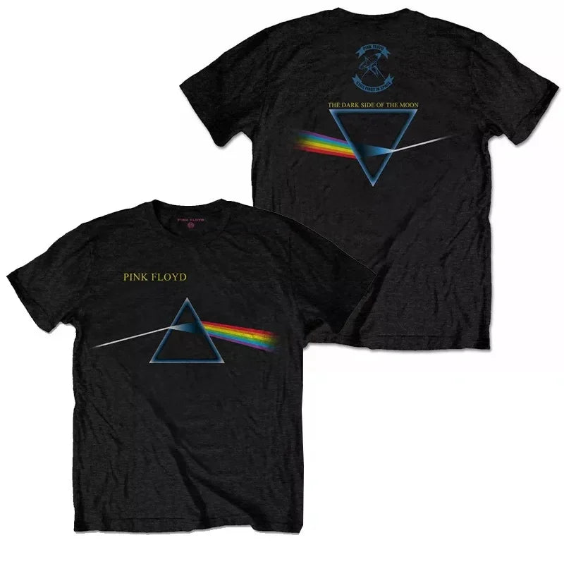 Camiseta holgada de Floyd Rock rosa para hombre, estilo americano Vintage, cuello redondo, manga corta, manga de pétalo de algodón, camiseta de banda decorada