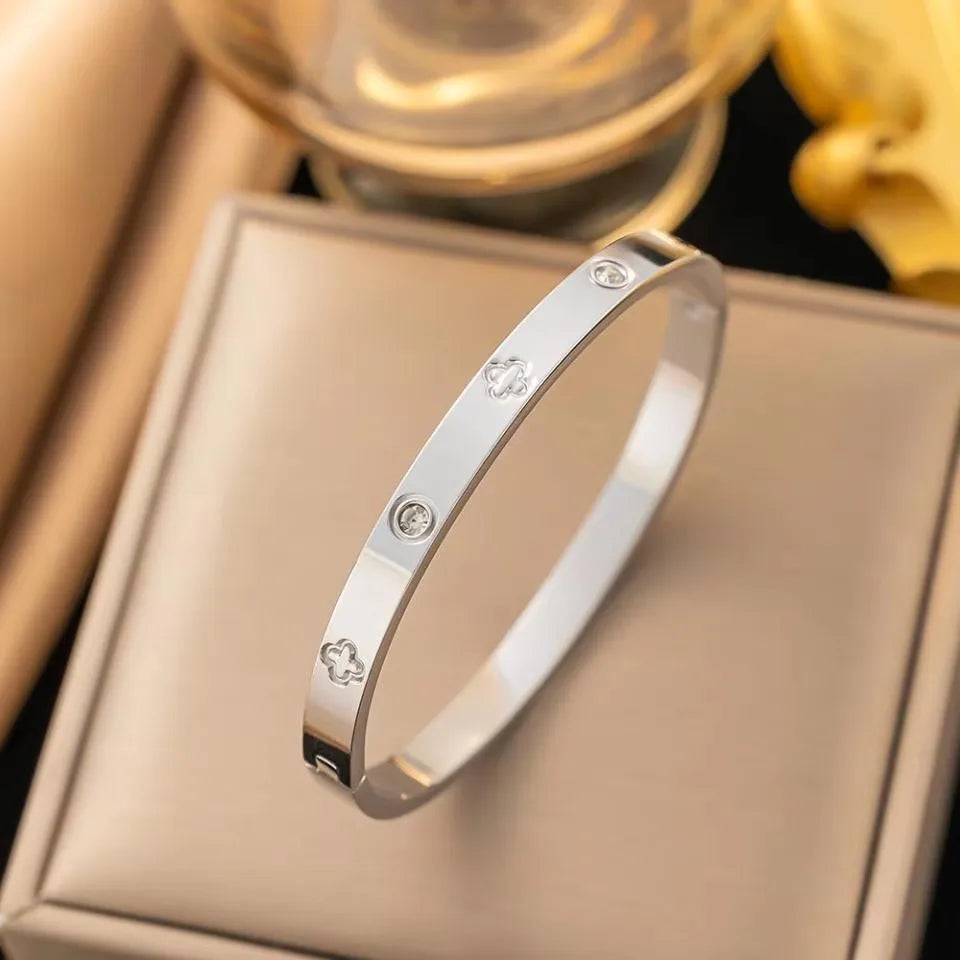 Pulseras de circón brillantes a la moda para mujer, pulseras de amor con estampado de trébol, brazaletes de acero inoxidable, regalo de joyería femenina