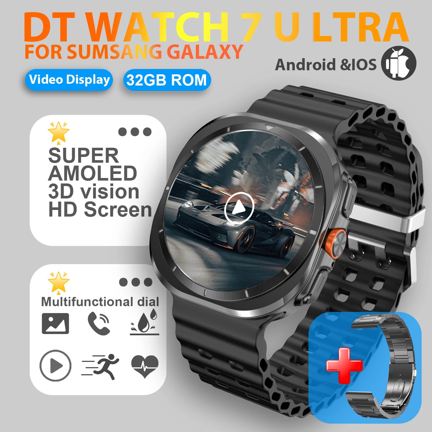 2025 nuevo reloj 7 Ultra reloj inteligente para hombres 32GB de memoria pantalla de vídeo 3D reloj inteligente deportivo GPS NFC brújula oxígeno en sangre Smartwatch