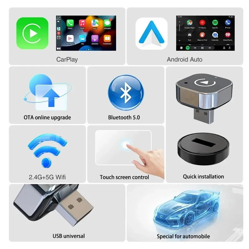 Pionray Smart Box – Adaptador inalámbrico CarPlay y Android Auto para todos los coches – Plug & Play, compatibilidad universal