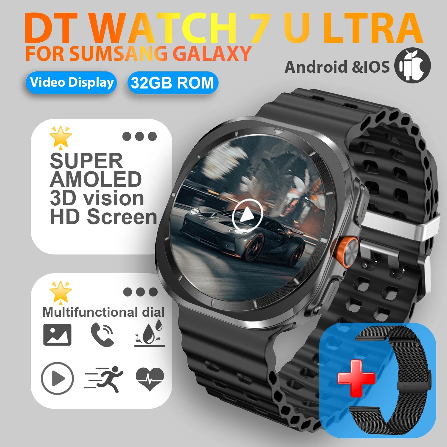 2025 nuevo reloj 7 Ultra reloj inteligente para hombres 32GB de memoria pantalla de vídeo 3D reloj inteligente deportivo GPS NFC brújula oxígeno en sangre Smartwatch