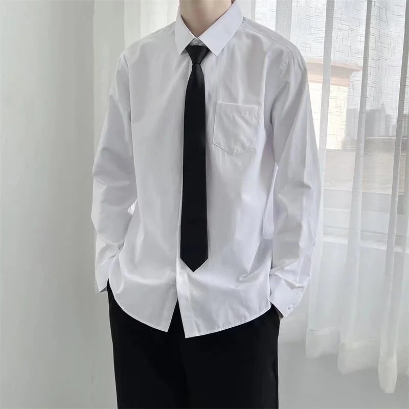 Camisa blanca de manga larga para hombre, holgada, de Color puro, cuello Simple, estilo de pareja, estilo académico, Dk coreano