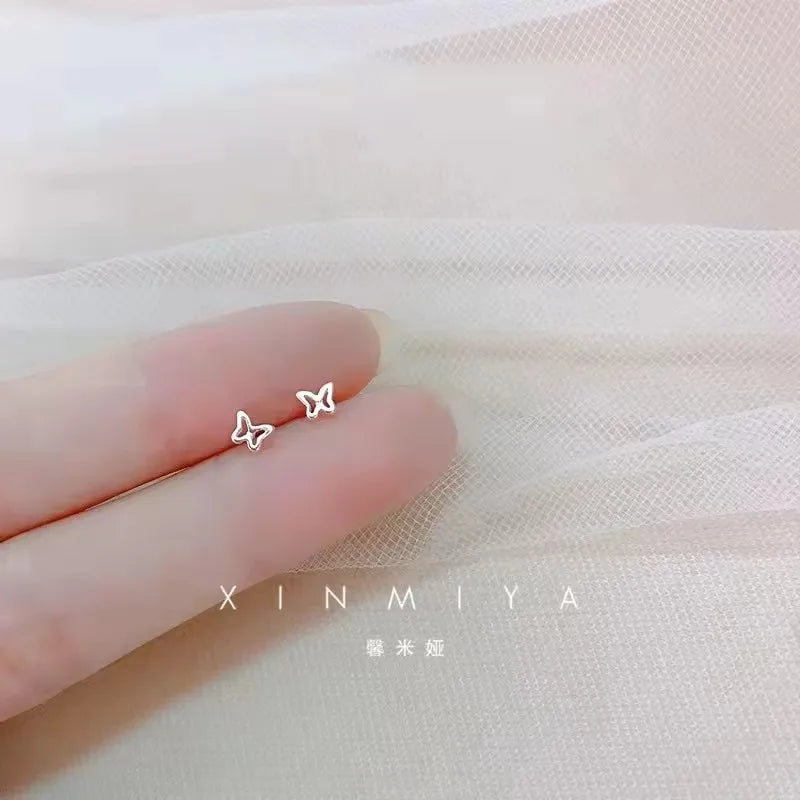 Pendientes de tuerca con forma de mariposa y corazón para mujer, Mini estrella, Color plateado, con agujas de plata 925, hipoalergénico, uso diario, regalo Pierc para niñas
