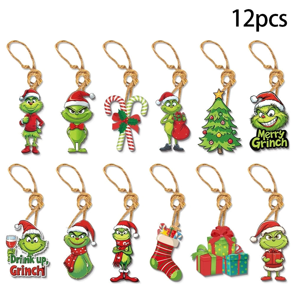18 Uds. De adornos acrílicos 2D para árbol de Navidad, monstruos verdes, lindos colgantes para árbol de Navidad, adornos navideños de dibujos animados