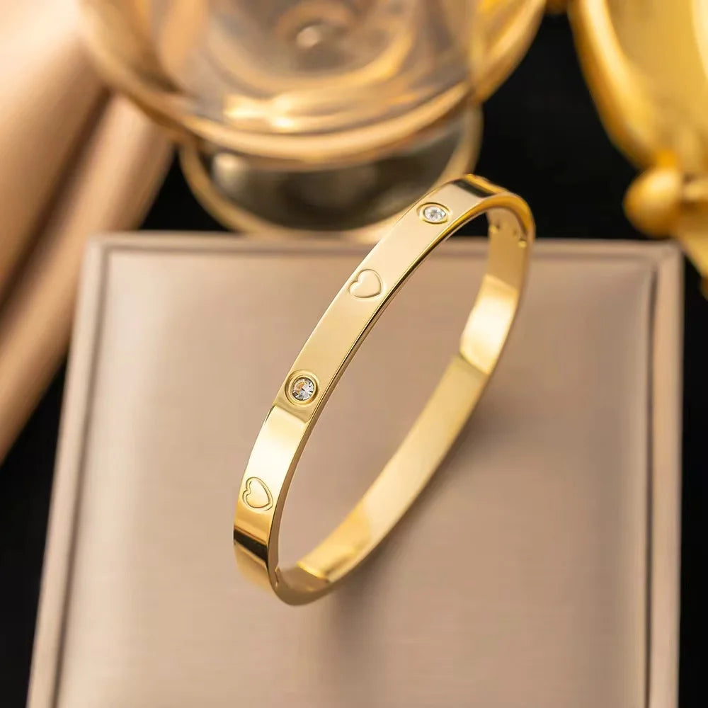 Pulseras de circón brillantes a la moda para mujer, pulseras de amor con estampado de trébol, brazaletes de acero inoxidable, regalo de joyería femenina