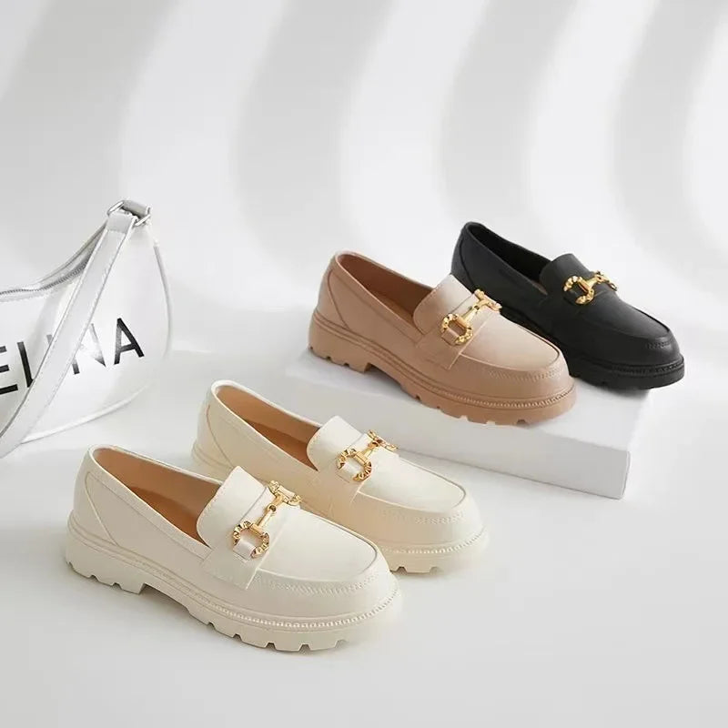 2022 nuevos zapatos Lefort primavera otoño estilo británico Vintage pequeña hebilla dorada punta redonda PVC zapatos Lefort de fondo grueso