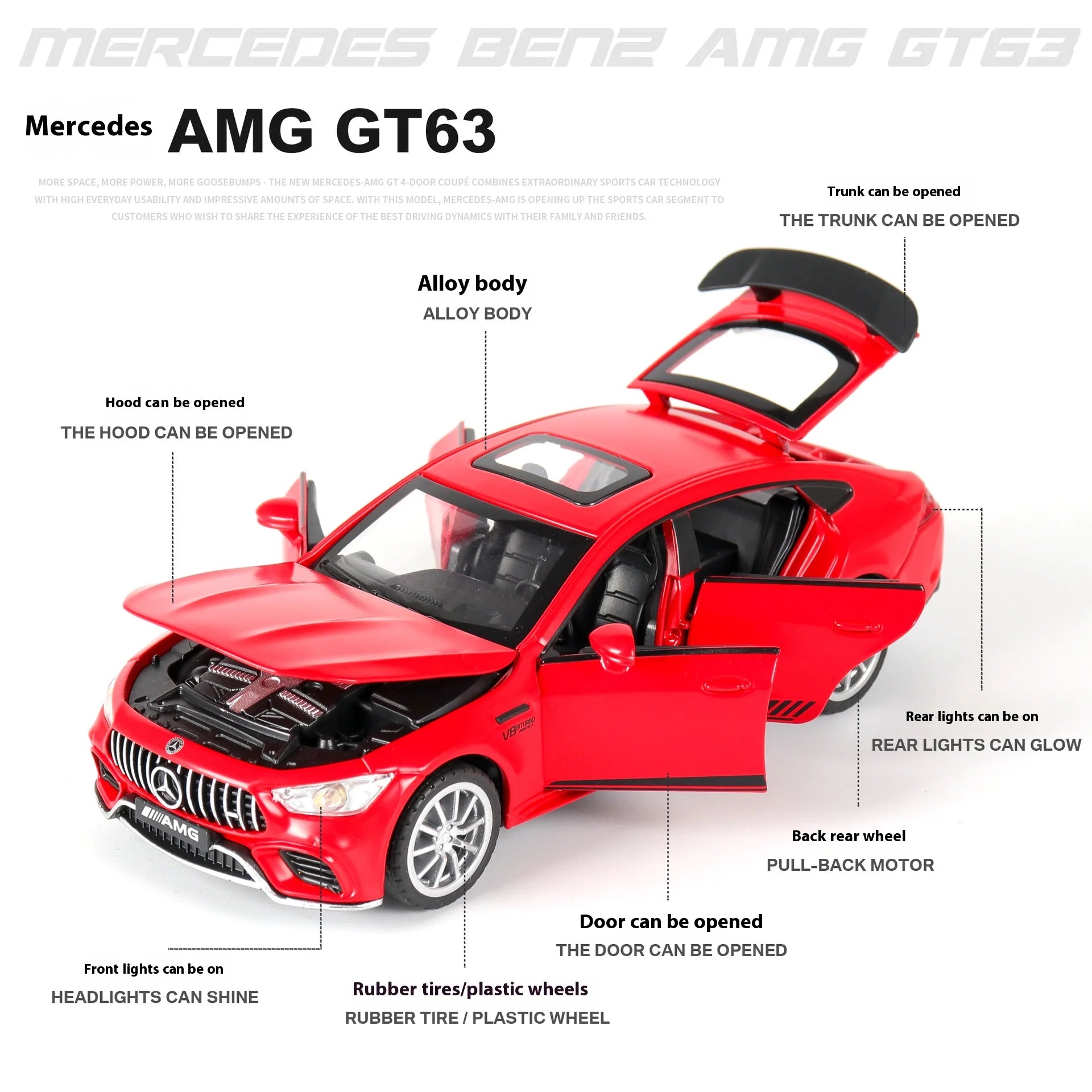 1:32 Mercedes Benz AMG GT63 coche deportivo aleación Diecast modelo de coche sonido luz tirar hacia atrás juguetes adornos regalo para niños recoger