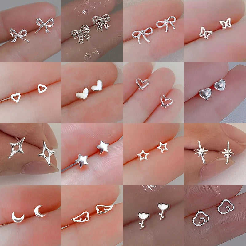 Pendientes de tuerca con forma de mariposa y corazón para mujer, Mini estrella, Color plateado, con agujas de plata 925, hipoalergénico, uso diario, regalo Pierc para niñas