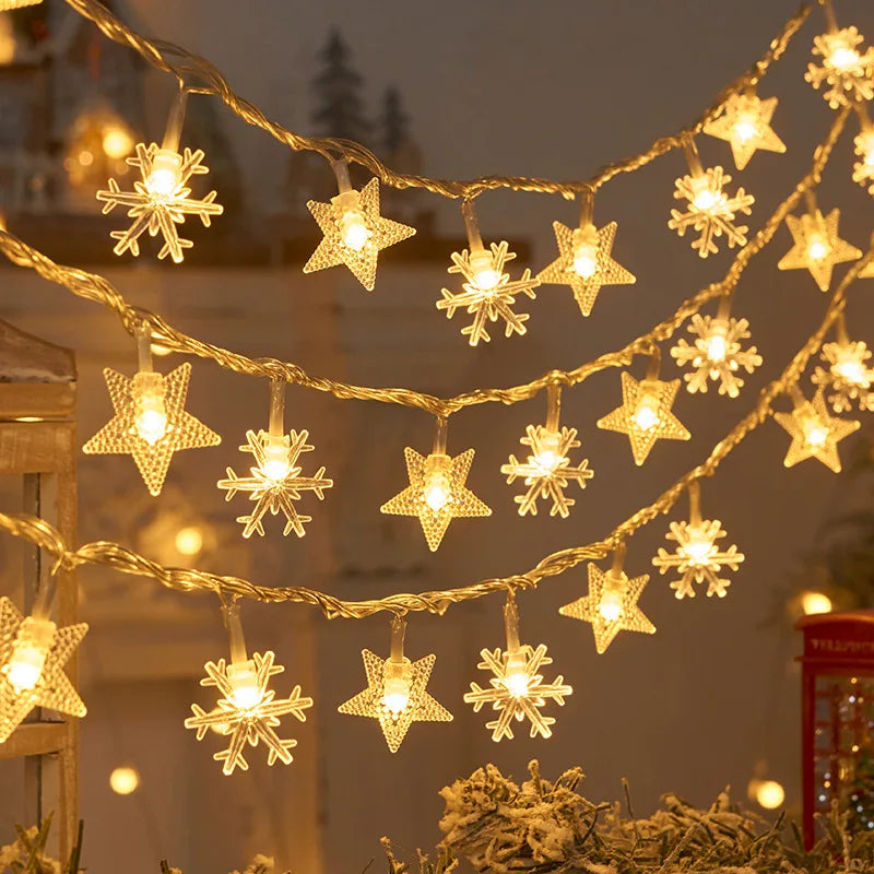 Luces navideñas de 1,5/3M, guirnalda de luces con forma de copo de nieve, luces de hadas, bola de estrella impermeable, lámpara LED para decoración del jardín del árbol de Navidad del hogar