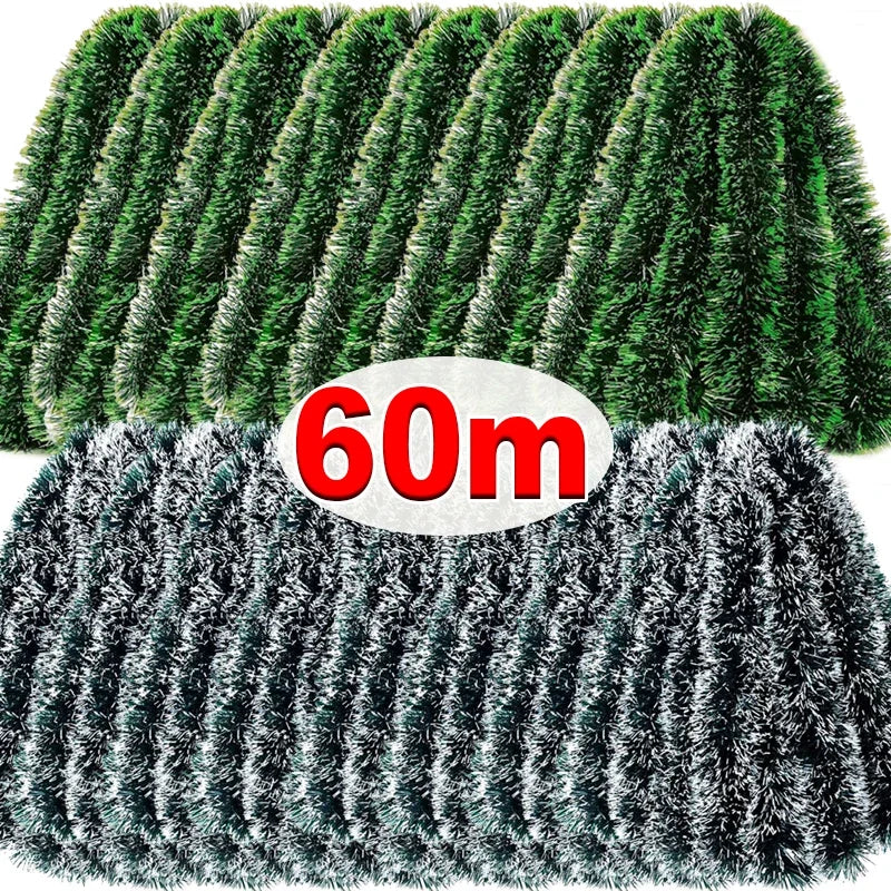 Guirnalda de cintas de oropel de Navidad de 60/4m, corona de caña verde, adornos colgantes para árbol de Navidad, suministros de decoración del hogar para fiesta de boda