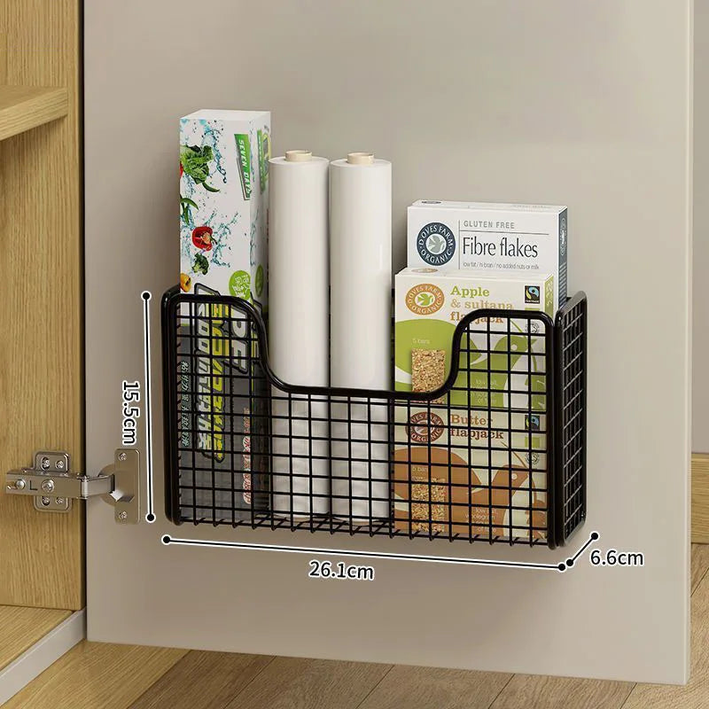Caja de almacenamiento para puerta de armario de cocina sin perforaciones, estante de hierro, estante de envoltura de plástico para armario montado en la pared, estante para refrigerador de baño