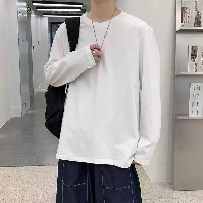 Camiseta de manga larga para hombre, corte holgado, Color sólido, blanco, primavera Otoño, estilo japonés, cuello redondo, capa Base