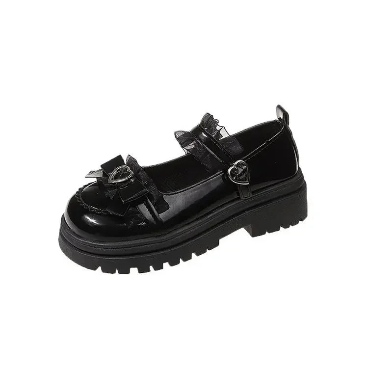Primavera 2025 Nudo de mariposa encaje dulce lindo Lolita tacón grueso Mary Jane zapatos individuales mujeres PU cuero punta redonda tacón medio